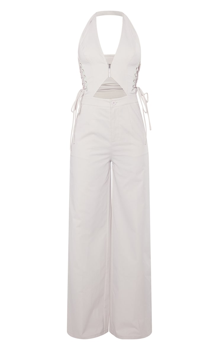 Ecru Woven Halter Zip Detail Lace Up Jumpsuit image 1