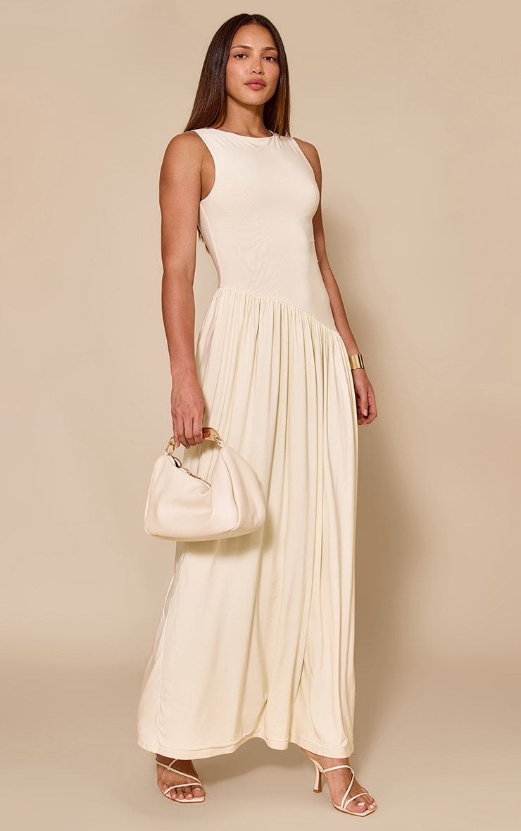  Tall Butter Cream Double Layer Soft Touch Asymmetric Dropped Waist Maxi Dress image 3