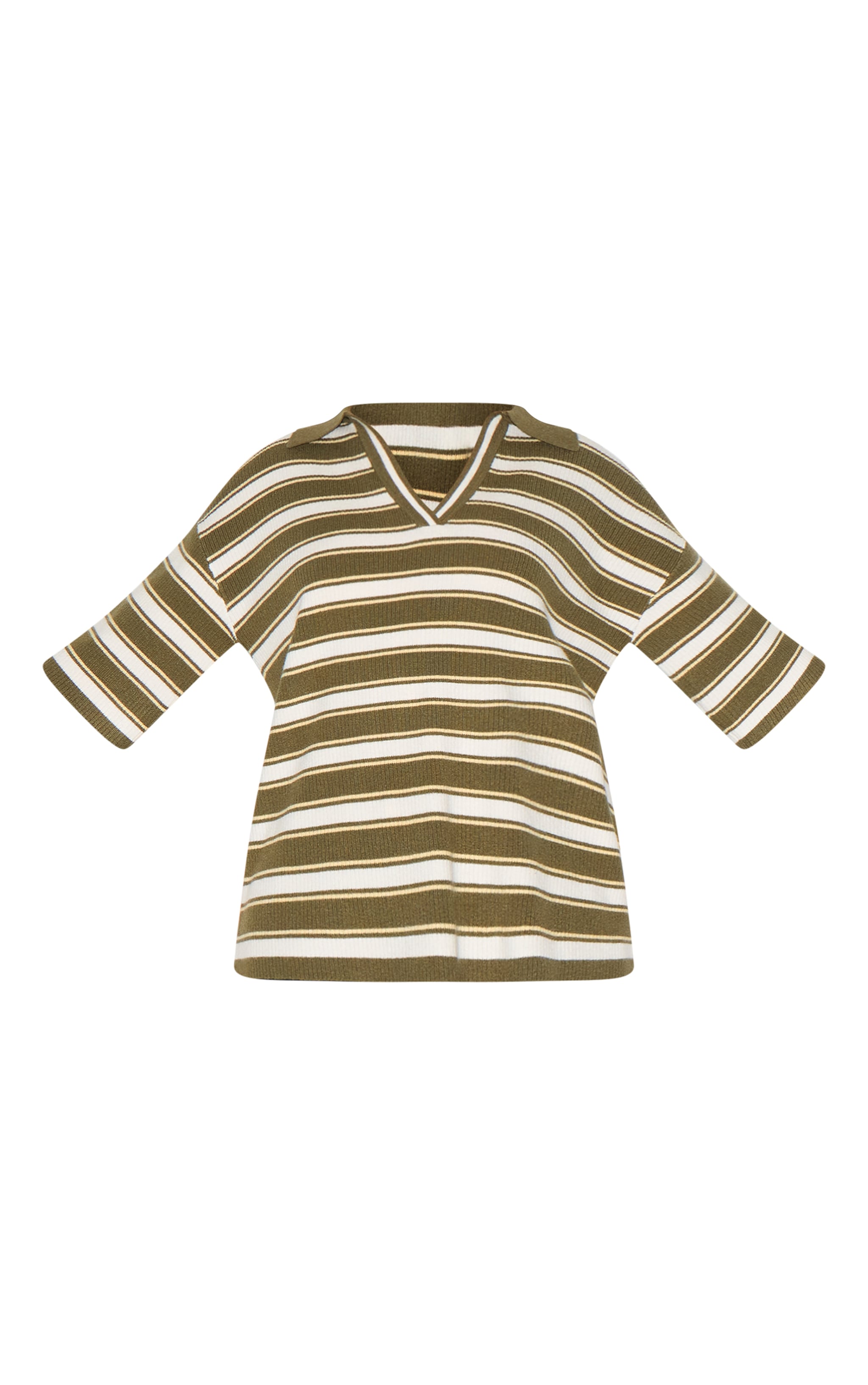 Khaki Stripe Soft Knit V Neck Collar Polo Top image 5