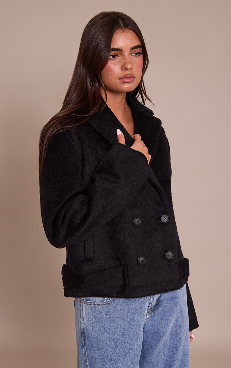 Black Brushed Wool Cropped Trench Coat image 4