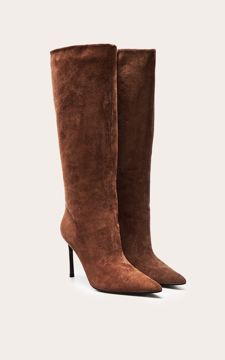 Mocha Faux Suede Knee High Stiletto Heeled Boot image 3