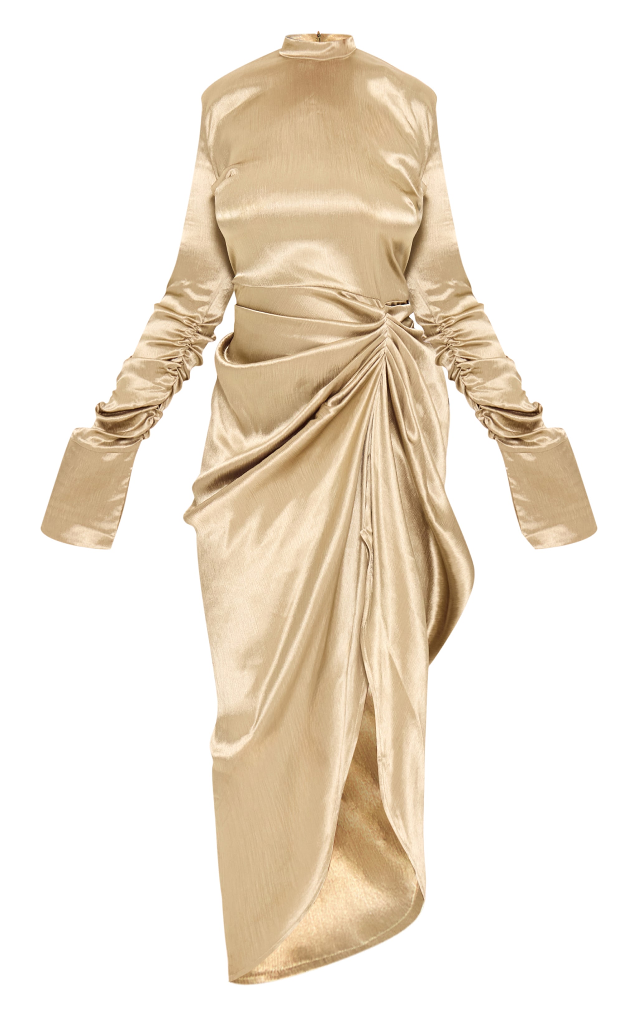 Plus Olive High Neck Ruching Detail Satin Midi Dress image 5