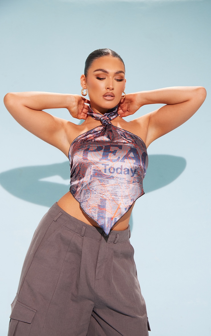 Slate Grey Abstract Satin Printed Halter Neck Top image 3