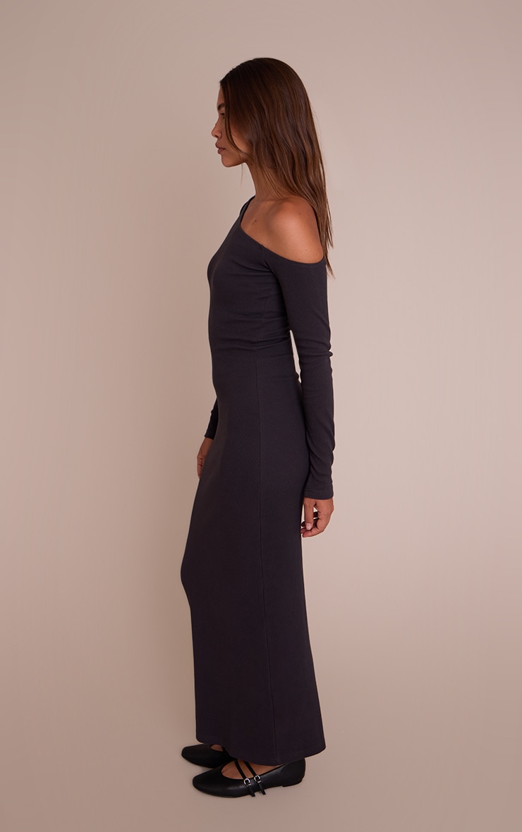 Robe longue asymétrique côtelée gris anthracite à manches longues image 3