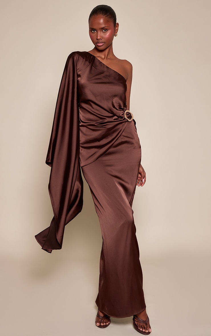Dark Brown Satin One Sleeve Trim Detail Top image 3