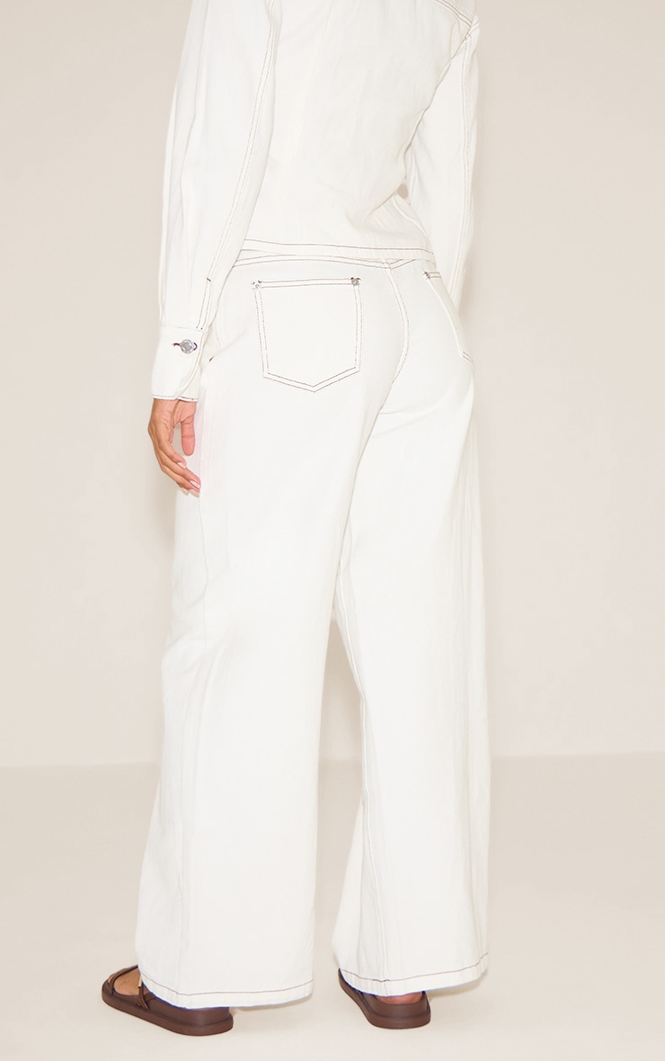 White Contrast Stitch Mid Waist Wide Leg Jeans image 3
