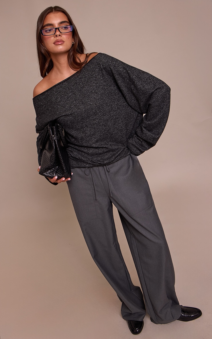 Charcoal Soft Knit Asymmetric Oversized Slouchy Long Sleeve Top image 3