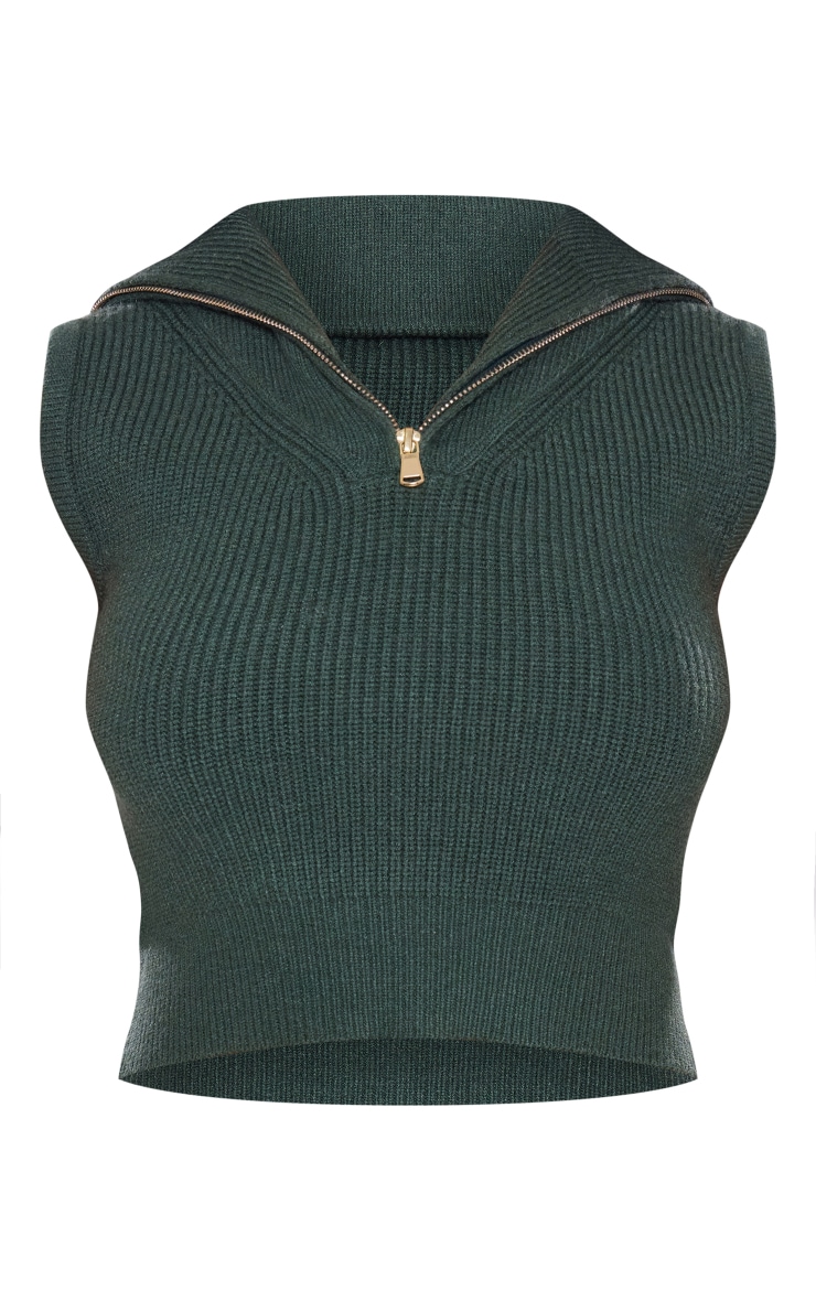 Deep Teal High Neck Half Zip Knit Sleeveless Top image 5