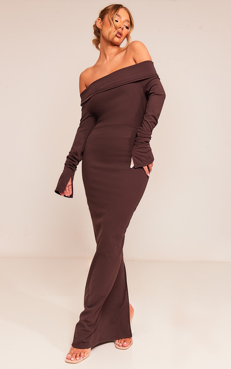 Chocolate Crepe Long Sleeve Bardot Maxi Dress image 1