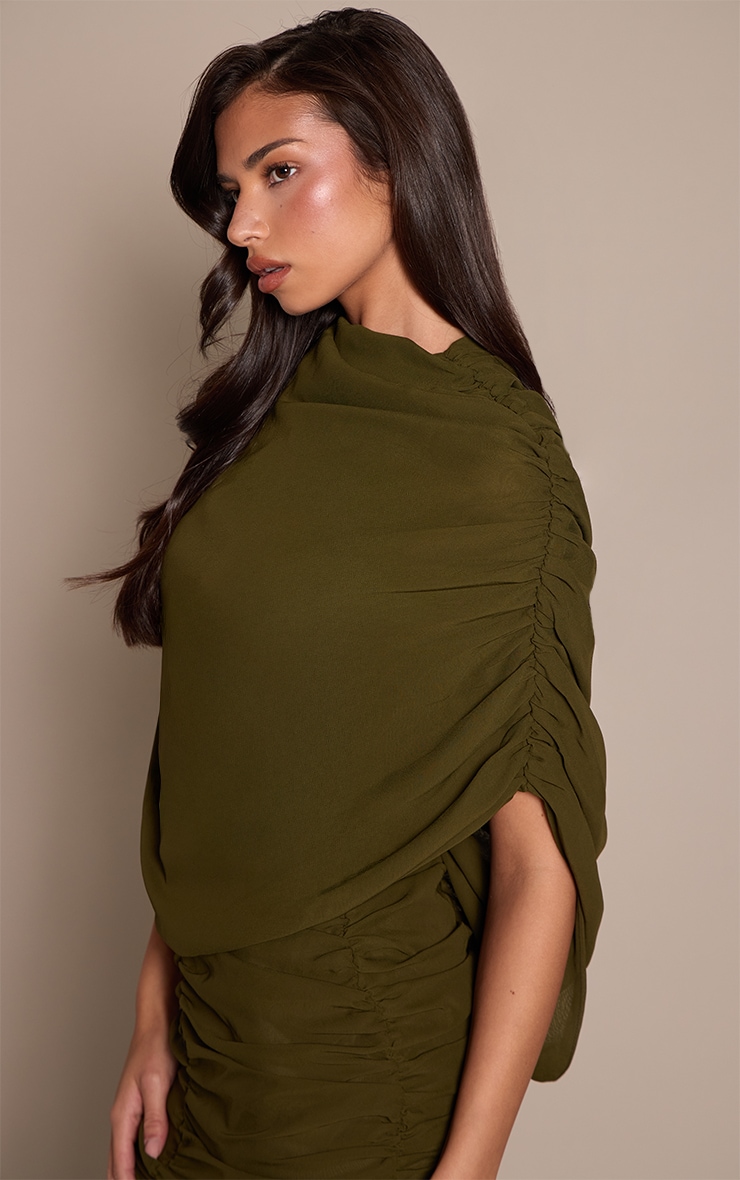 Olive Chiffon Overlay Detail Ruched Mini Dress image 4
