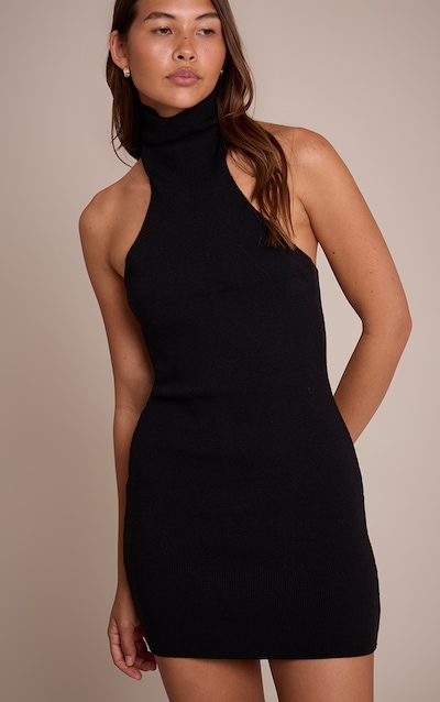 Black Compact Knit Halterneck Mini Dress