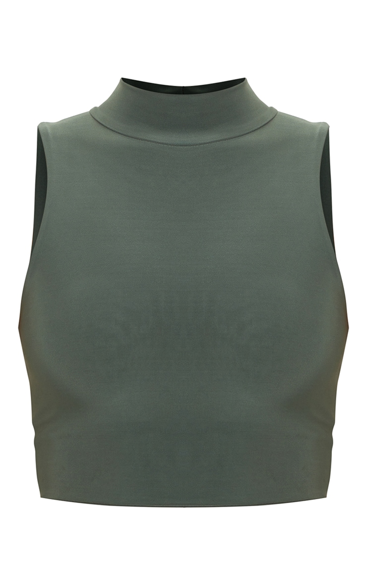 Khaki Slinky High Neck Racer Crop Top image 5