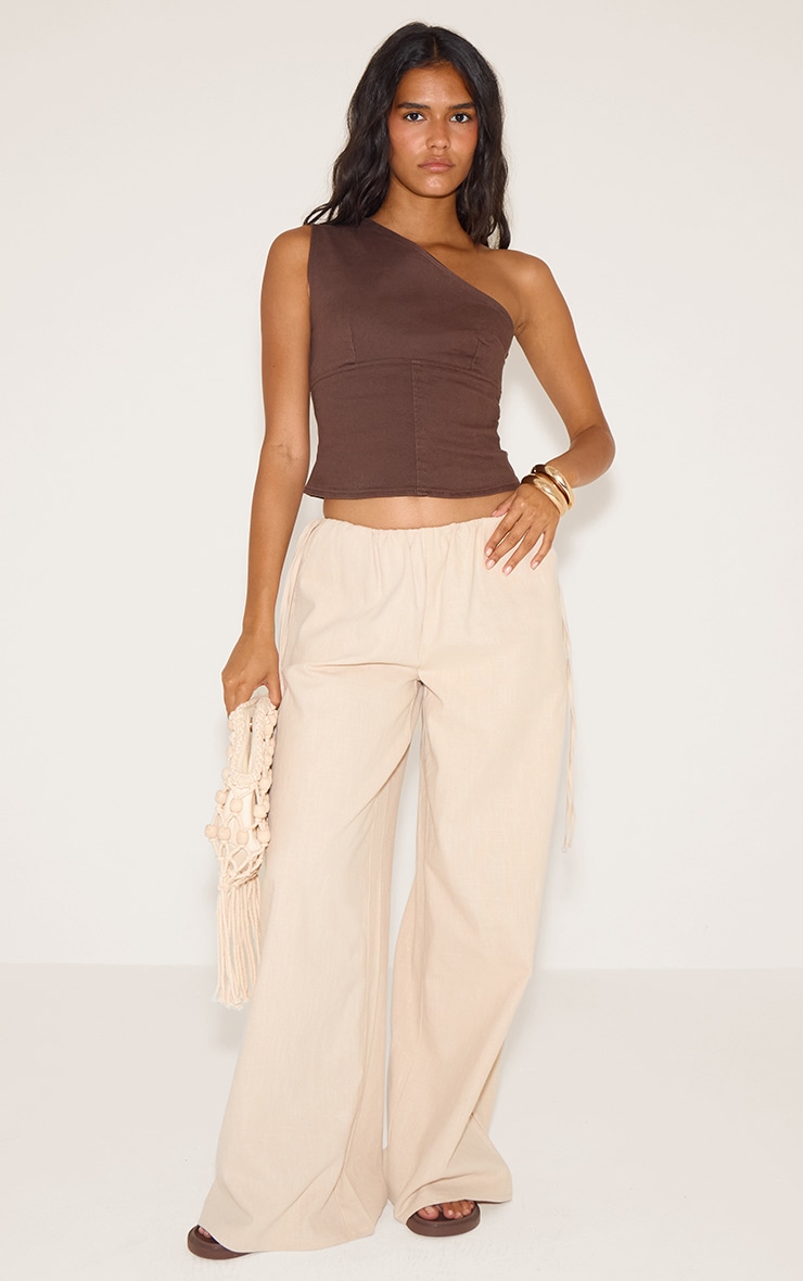 Chocolate Brown Asymmetric Shoulder Denim Top image 3