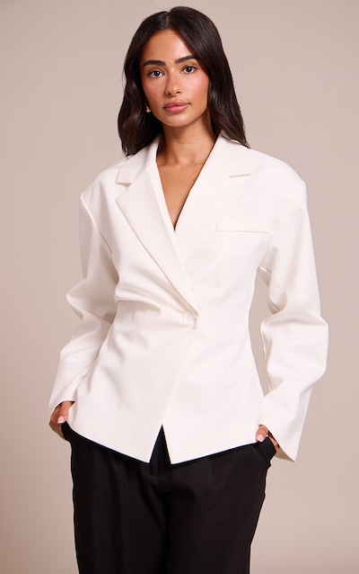 Petite White Linen Look Woven Cinched Waist Blazer