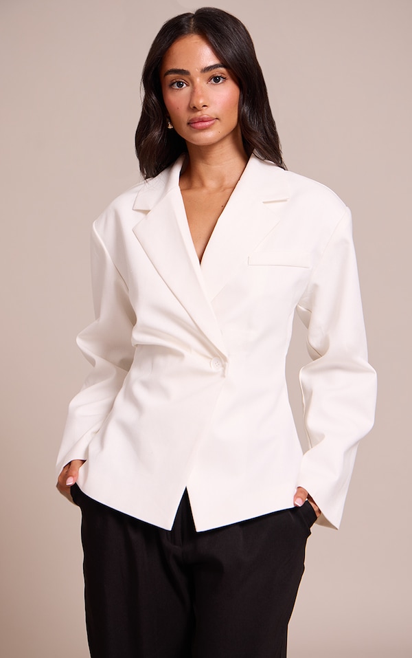 Petite White Linen Look Woven Cinched Waist Blazer