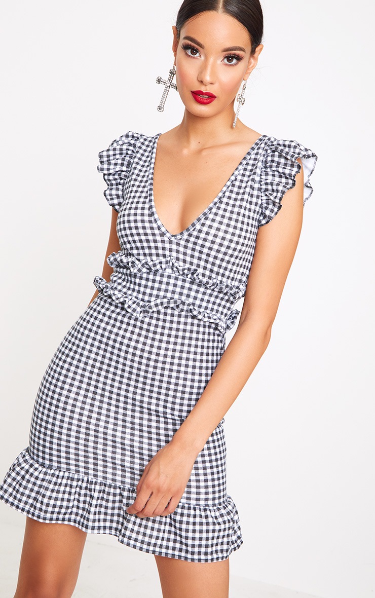 Black Gingham Frill Detail Bodycon Dress PrettyLittleThing