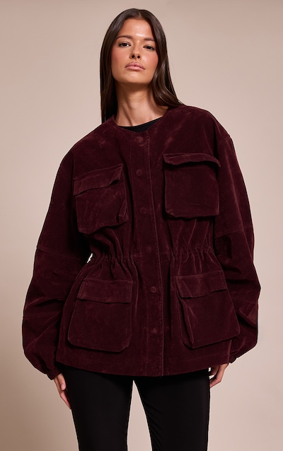 Burgundy Structured Faux Suede Pocket Detail Adjustable Waist Jacket