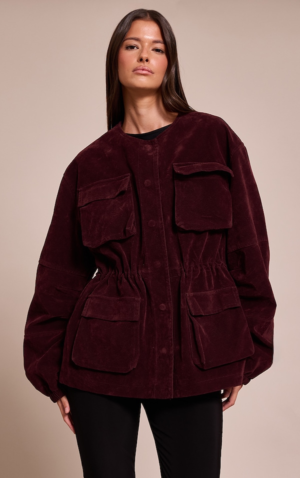 Burgundy Structured Faux Suede Pocket Detail Adjustable Waist Jacket