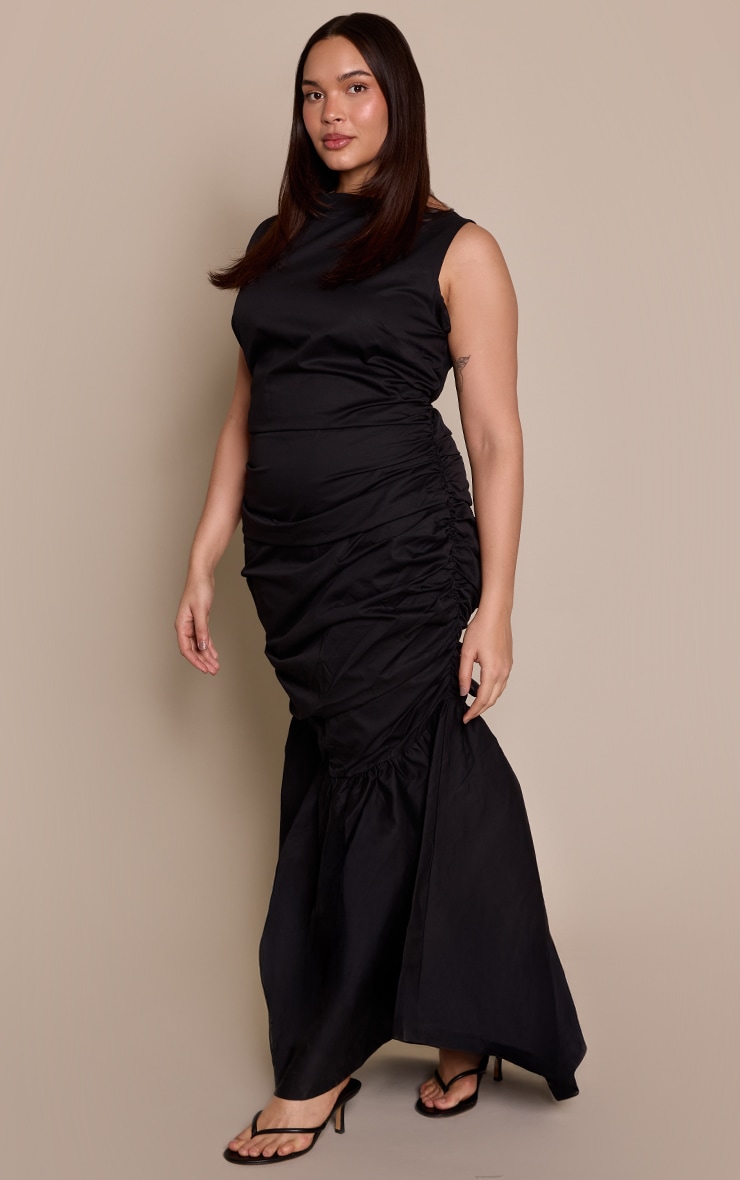 Plus Black Ruched Skater Hem Midaxi Dress image 3