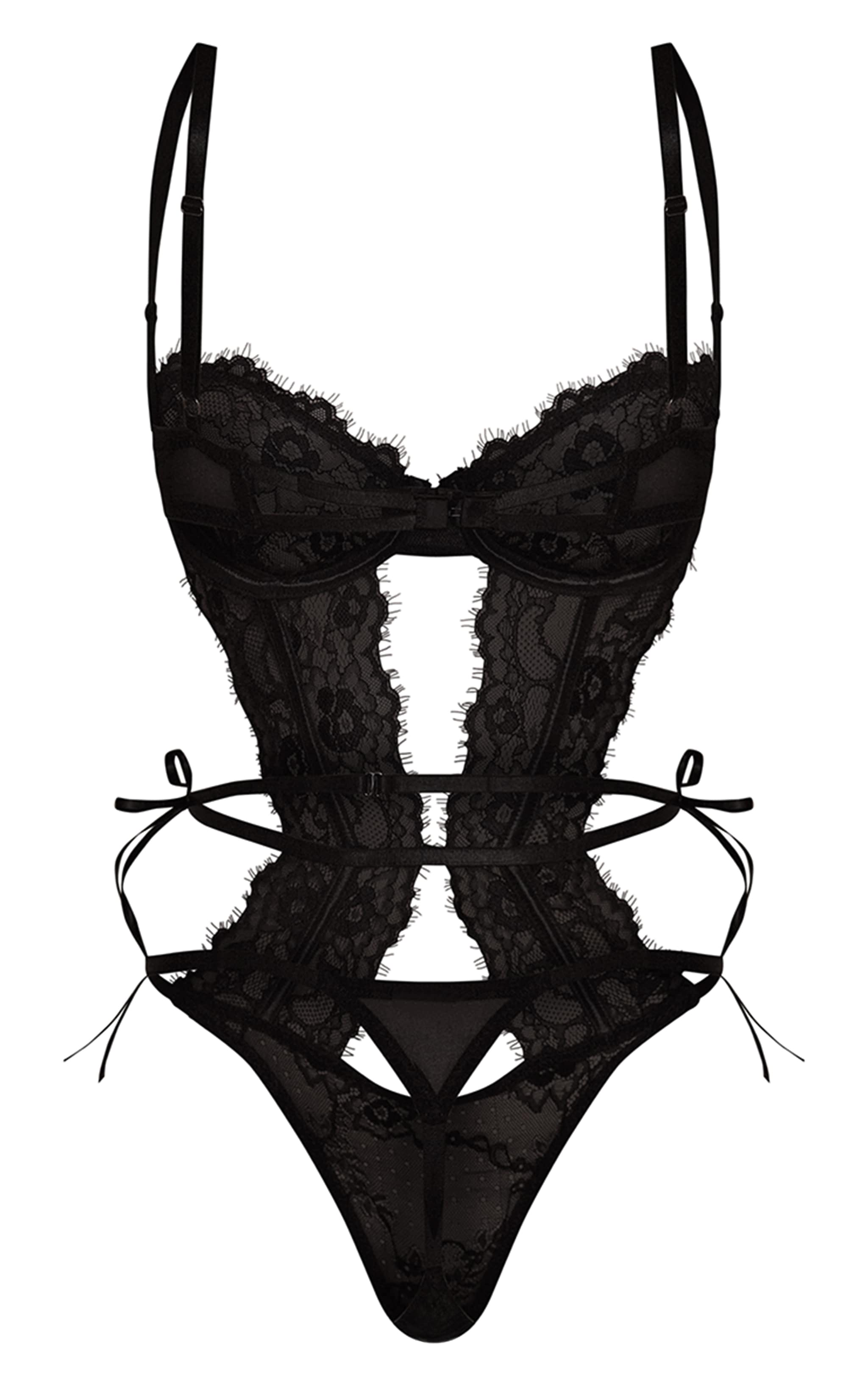 Black Cut Out Side Tie Lace Detail Bodysuit image 7