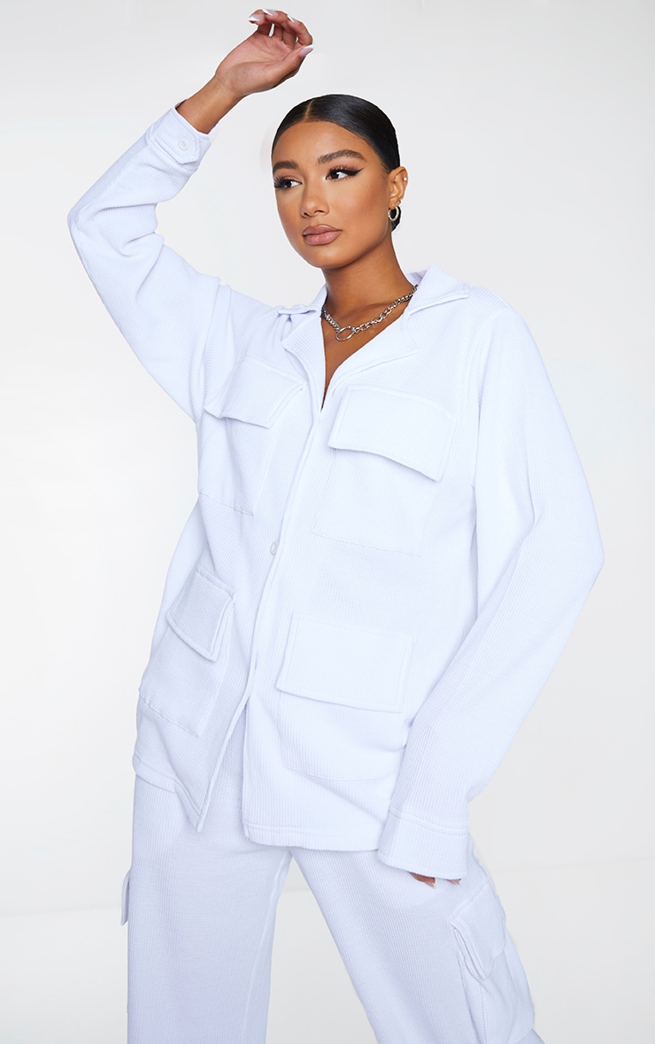 White Waffle Double Pocket Detail Longline Shirt Jacket