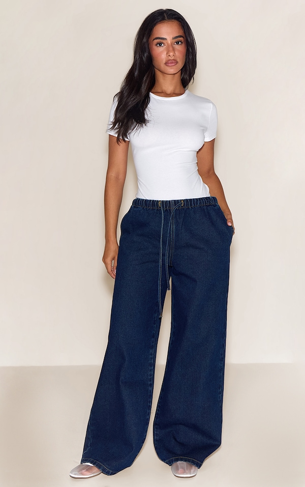  Petite Mid Blue Wash Elasticated Tie Waist Wide Leg Jeans