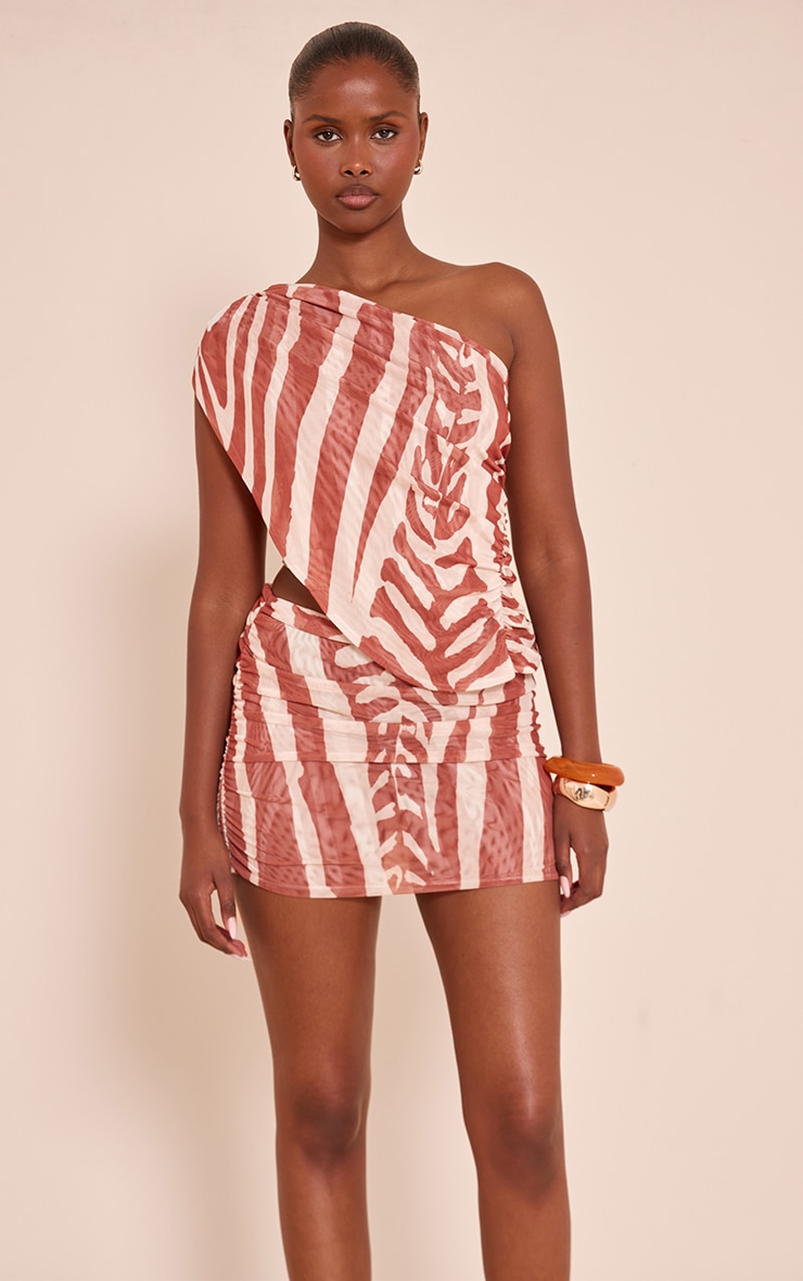 Brown Zebra Print Mesh Ruched Mini Skirt image 1