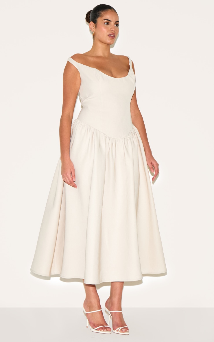 Plus Cream Woven Dipped Bardot Ruched Midaxi Dress image 3