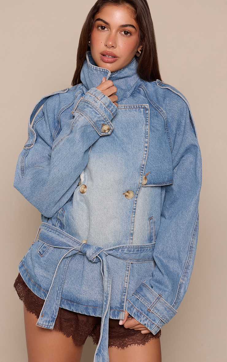 Mid Blue Wash Belted Cropped Button Detail Denim Trench