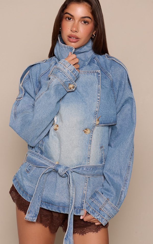 Mid Blue Wash Belted Cropped Button Detail Denim Trench