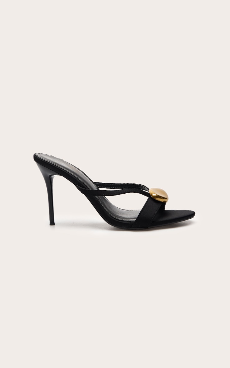 Black Satin Gold Trim Strappy Heeled Mules image 2