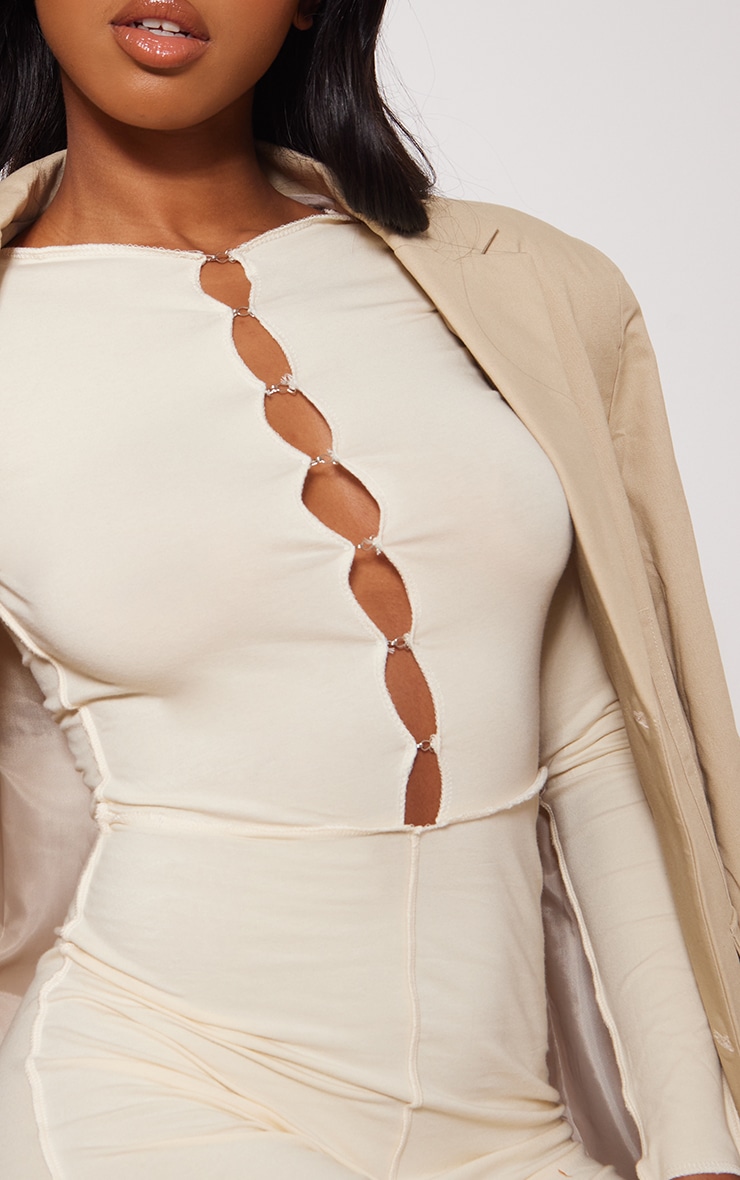 Cream Hook & Eye Seam Detail Long Sleeve Unitard image 3