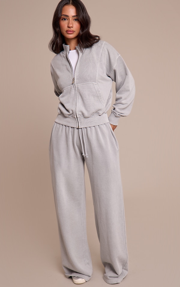 Petite Ash Grey Acid Wash Drawcord Straight Leg Track Pant