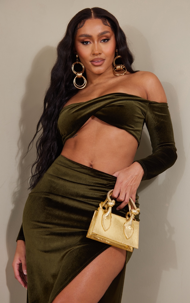 Shape Olive Velvet Bardot Sweetheart Crop Top