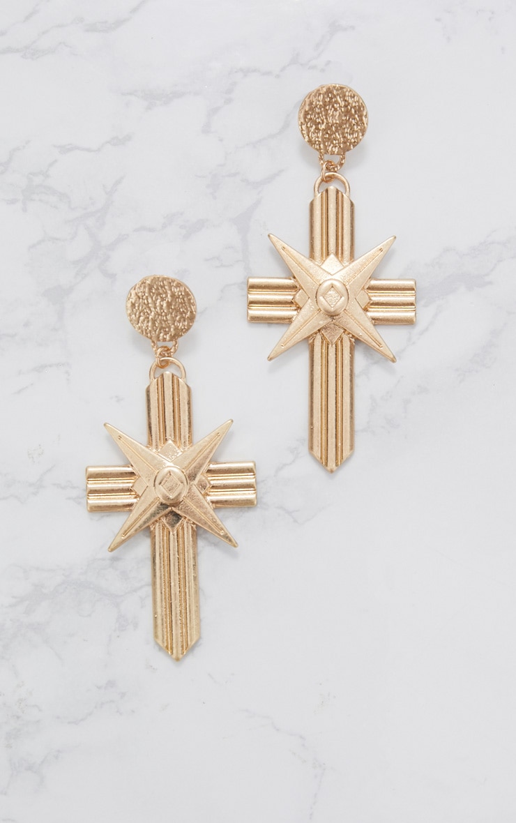 Gold Chunky Lined Cross Earrings PrettyLittleThing