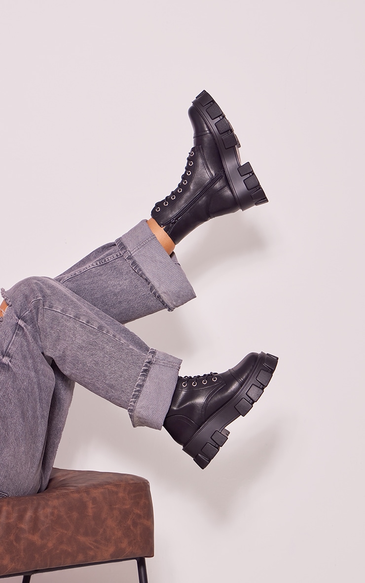 Black Lace Up Extreme Cleated Sole Combat Boots image 2
