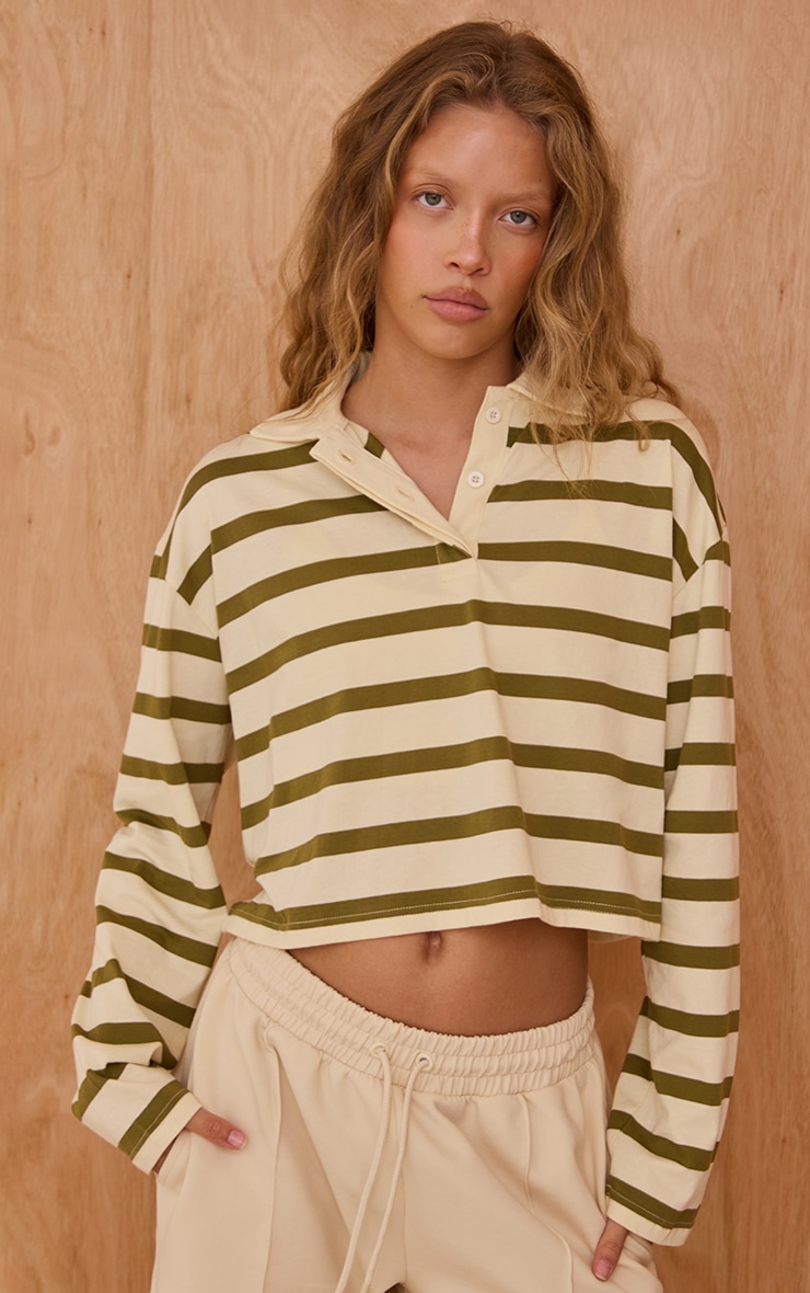 Sage Green Striped Cotton Polo Collar Long Sleeve Crop Top image 4