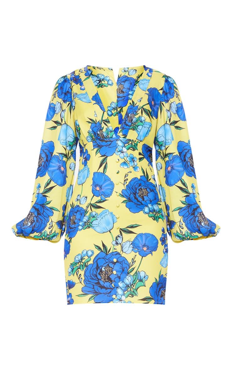 Yellow Floral Puff Sleeve Button Bodycon Dress PrettyLittleThing