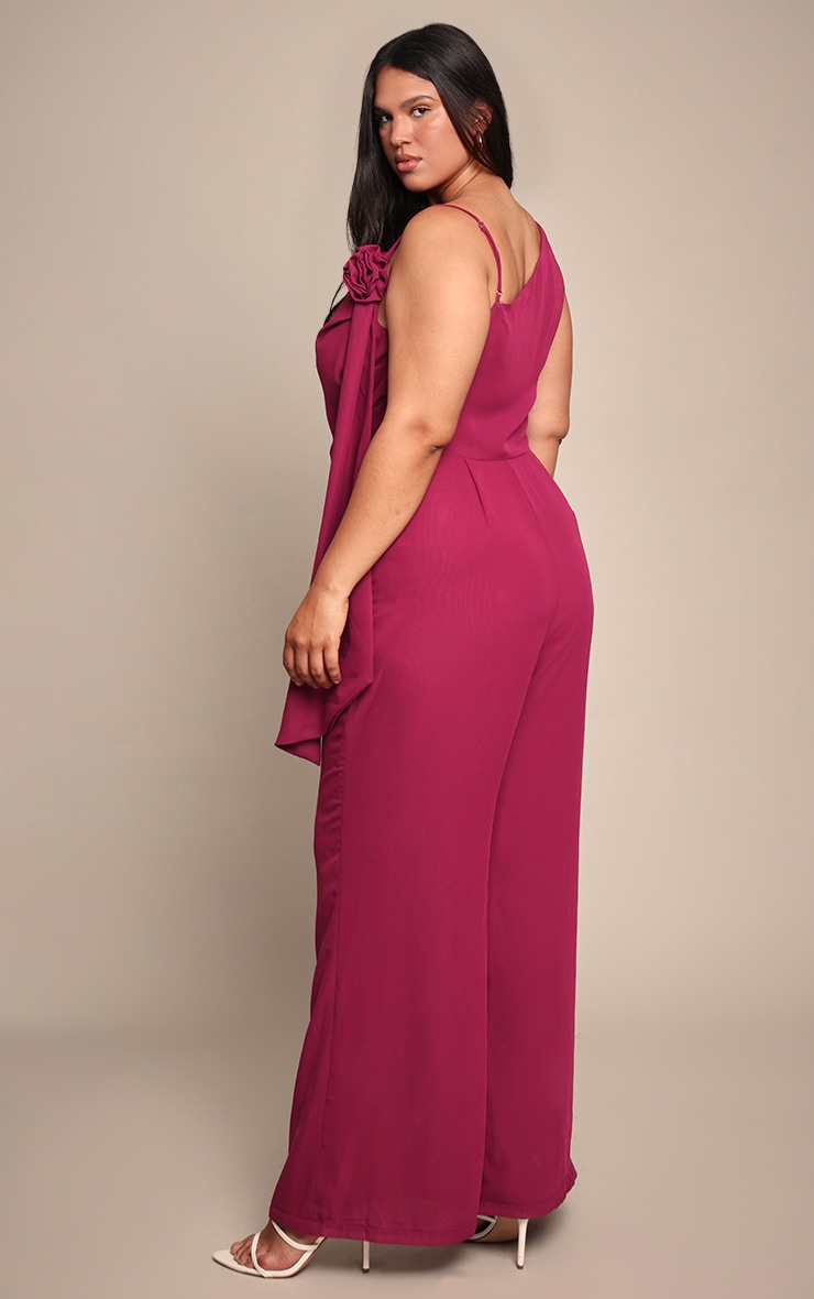 Plus Deep Plum Chiffon Corsage Detail Wide Leg Jumpsuit image 2