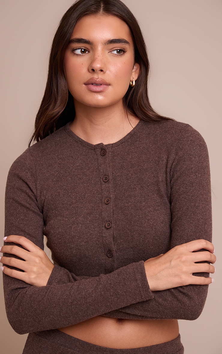 Chocolate Brushed Rib Button Cardigan