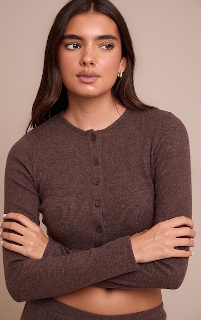 Cardigan boutonné en maille tricot côtelée brossée chocolat