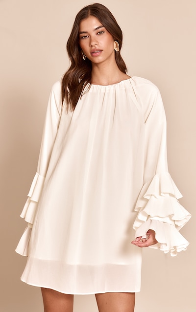 Cream Chiffon Frill Sleeve Detail Shift Dress
