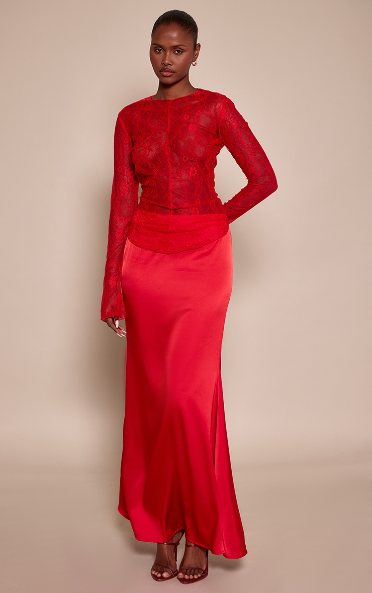 Red Long Sleeve Delicate Lace Top image 3