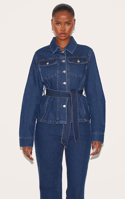 Dark Blue Contrast Stitch Cinched Waist Belted Denim Jacket