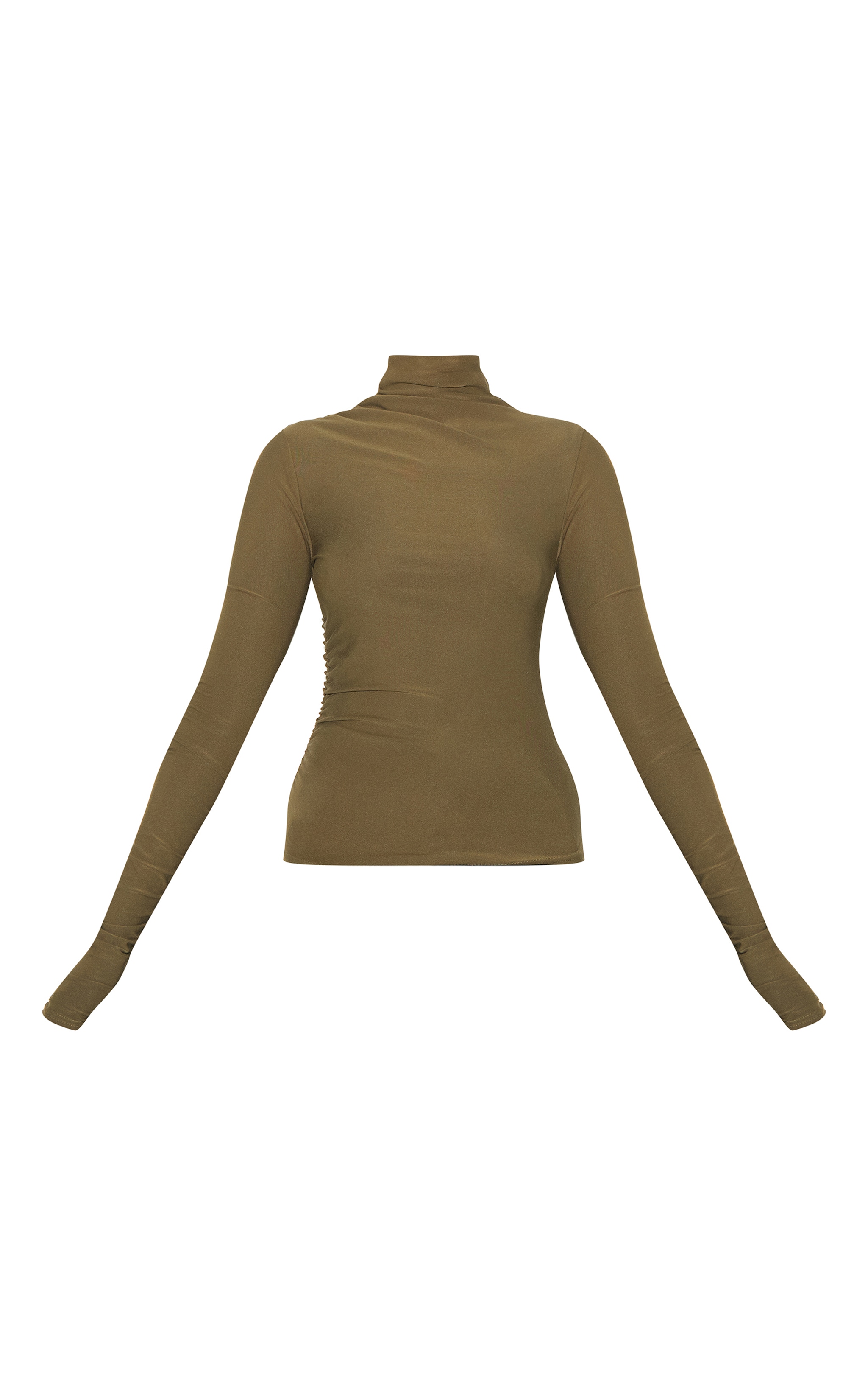 Khaki Soft Touch High Neck Ruched Sleeve Top image 5