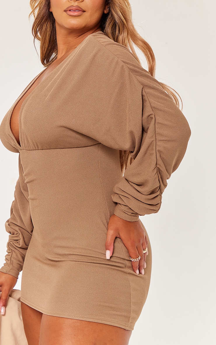 Shape Mocha Soft Rib Plunge Ruched Sleeve Bodycon Dress image 4