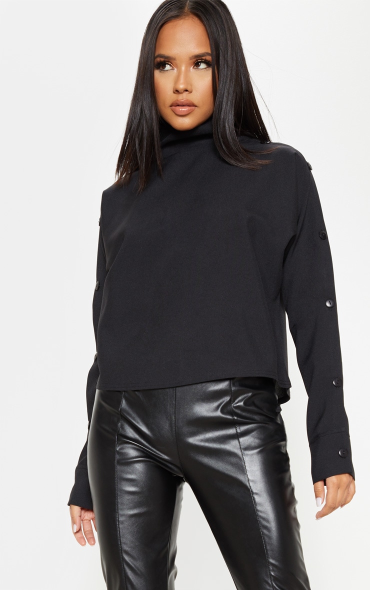 Black High Neck Button Detail Oversized Sweatshirt PLT UAE