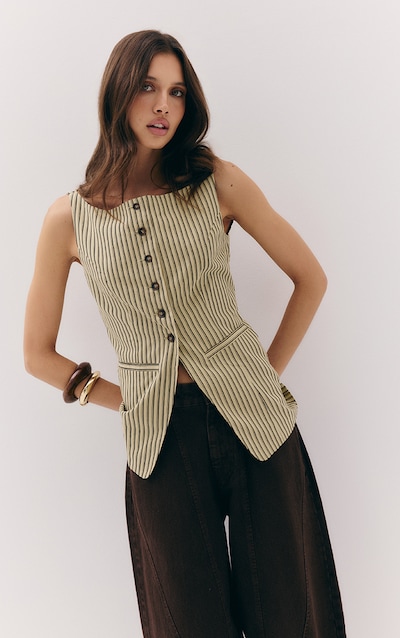 Green Striped Linen Look Vest