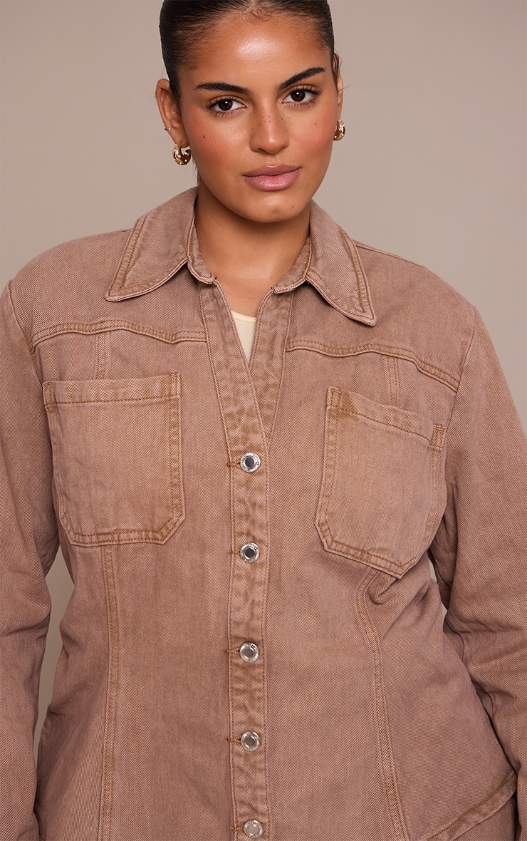 Plus Taupe Fitted Denim Shirt image 4