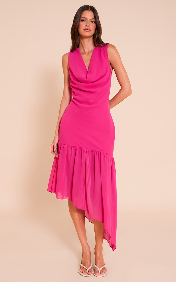 Fuschia Chiffon Drape Detail Asymmetric Midaxi Dress image 1